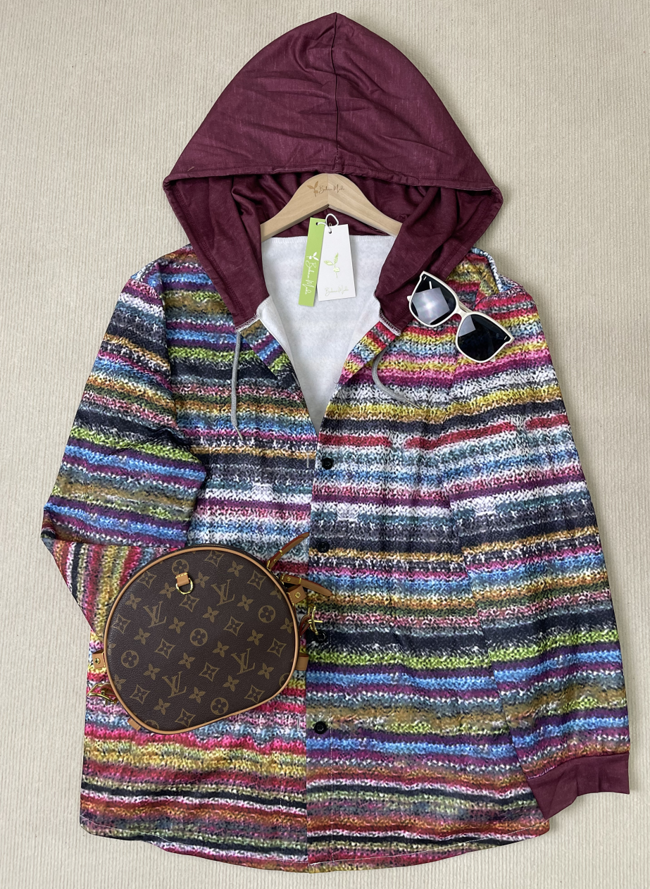 Women's rainbow stripe hooded cardigan