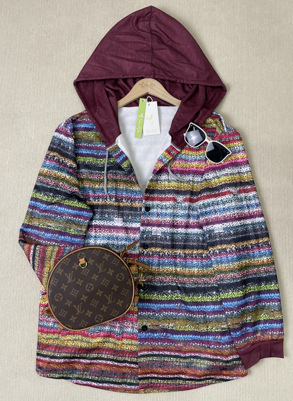 Women's rainbow stripe hooded cardigan