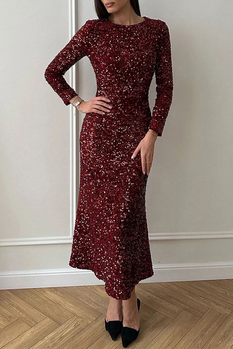 Kimberly - celebrities elegant solid sequins sequined o-neck one step skirt dress