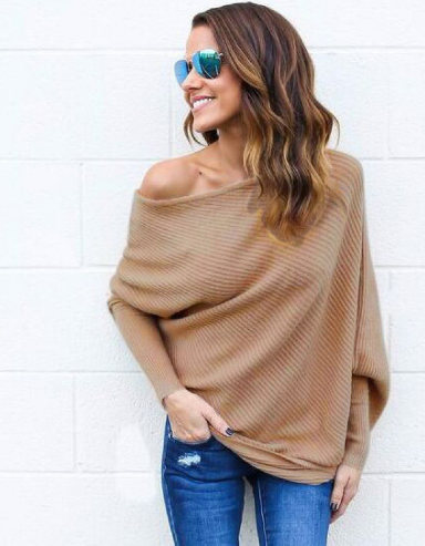 Women's Off-Shoulder Sweater - Ribbed Knit - Loose Fit - Long Sleeve Casual Wear