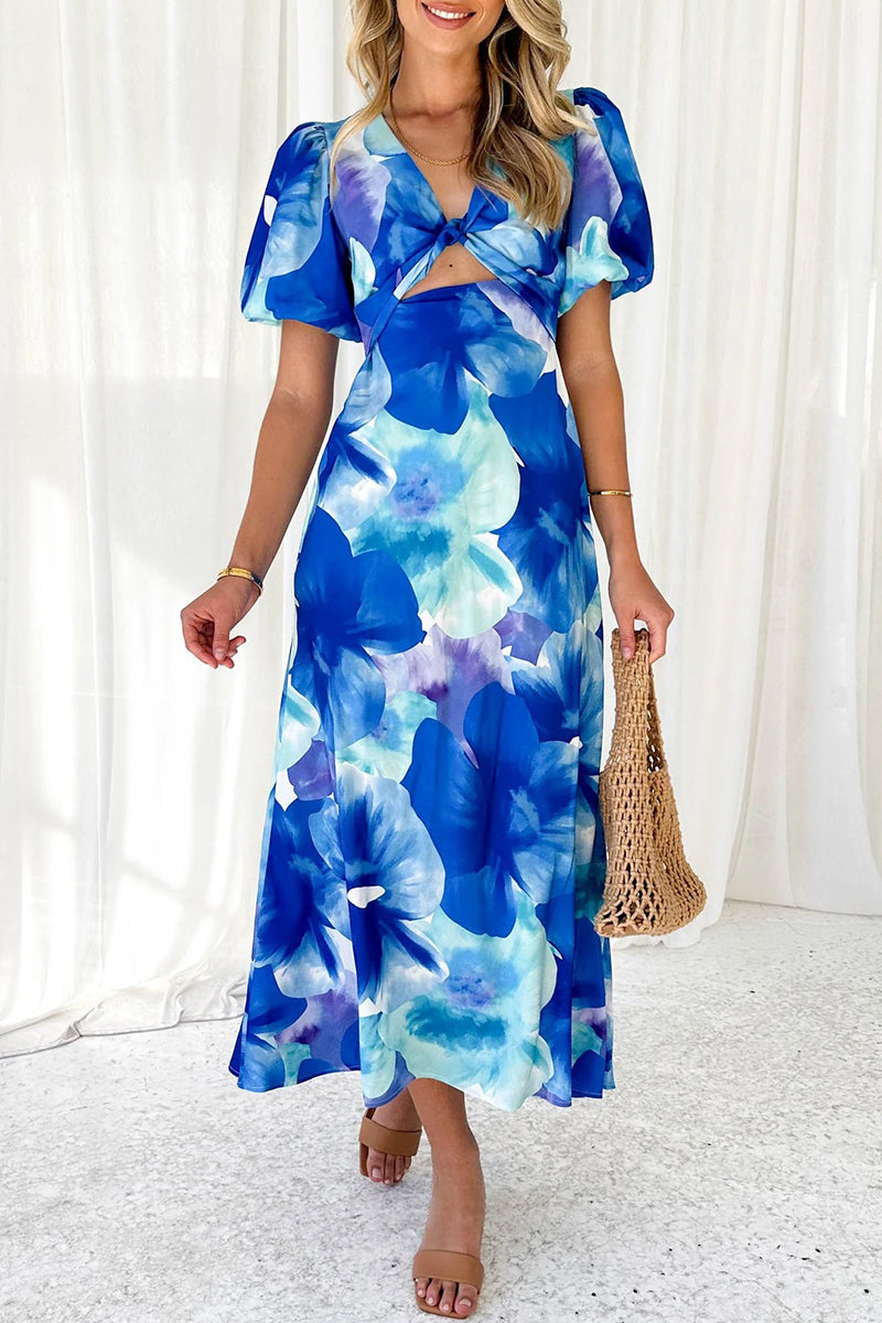 Women's Midi Dress - Puff Sleeve - Keyhole Cutout - Fitted Waist - A-Line Silhouette