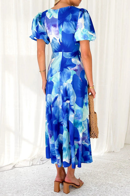 Women's Midi Dress - Puff Sleeve - Keyhole Cutout - Fitted Waist - A-Line Silhouette