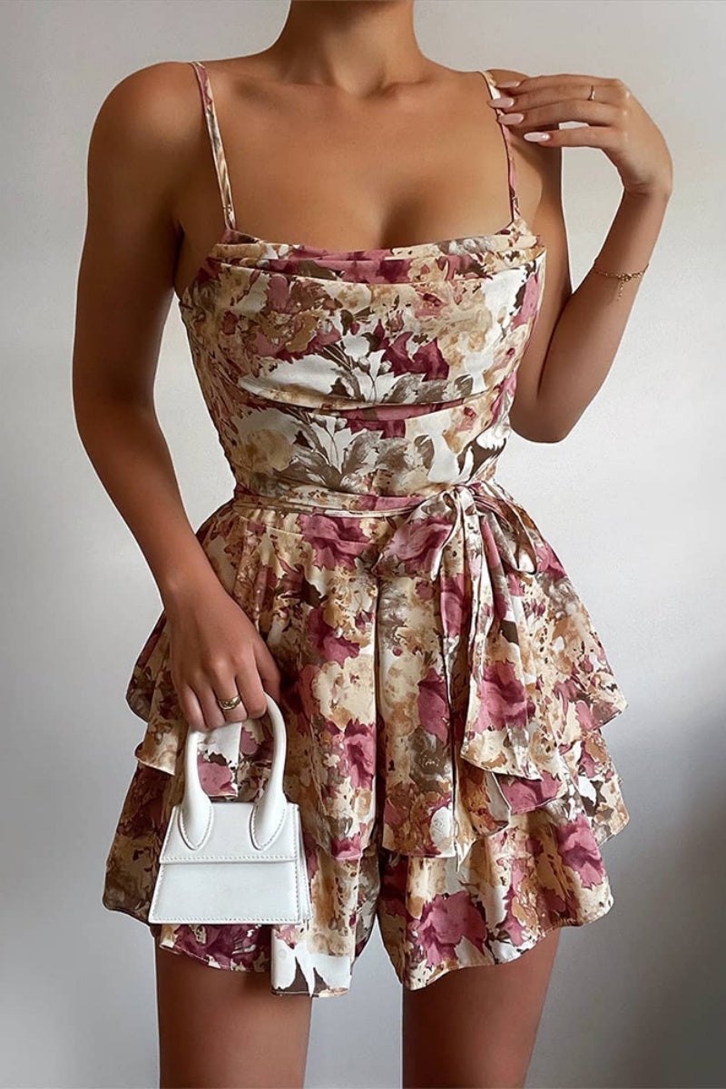 Women's Romper - Spaghetti Strap Draped Neckline - Ruffled Skirt Tie-Waist Floral