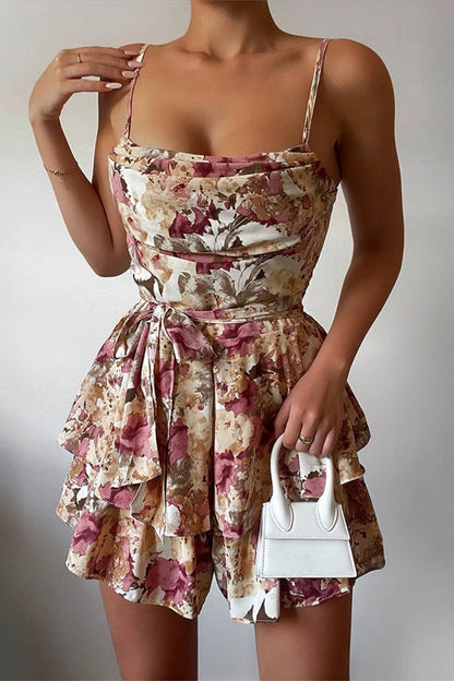 Women's Romper - Spaghetti Strap Draped Neckline - Ruffled Skirt Tie-Waist Floral