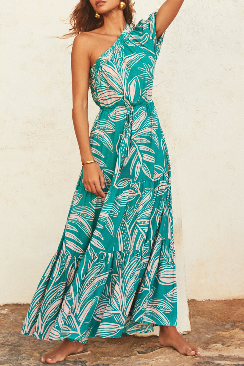Women’s One-Shoulder Maxi Dress - Floral Print - Puff Sleeve - Flowy Fit