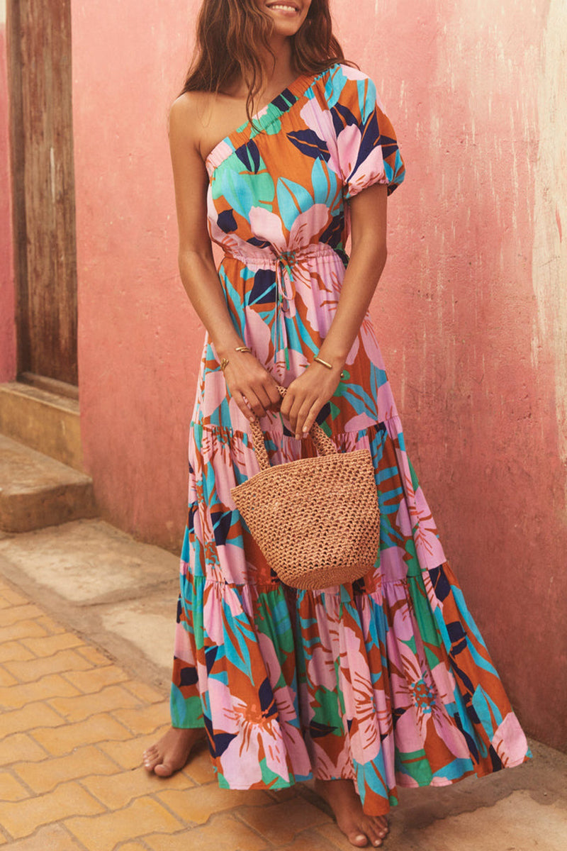 Women’s One-Shoulder Maxi Dress - Floral Print - Puff Sleeve - Flowy Fit