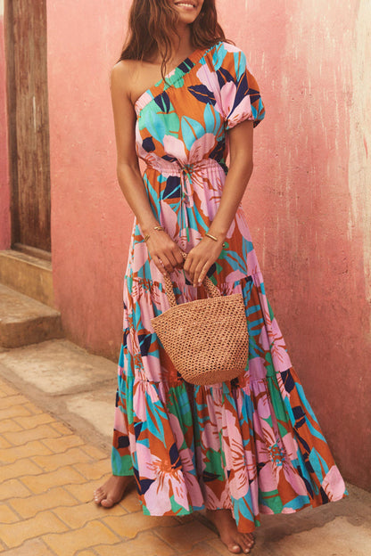 Women’s One-Shoulder Maxi Dress - Floral Print - Puff Sleeve - Flowy Fit