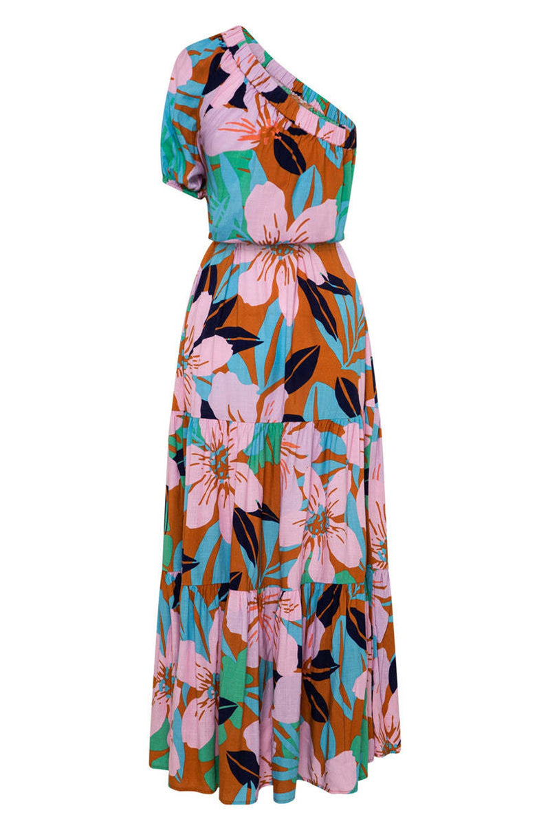 Women’s One-Shoulder Maxi Dress - Floral Print - Puff Sleeve - Flowy Fit