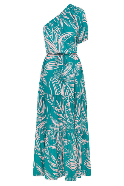 Women’s One-Shoulder Maxi Dress - Floral Print - Puff Sleeve - Flowy Fit