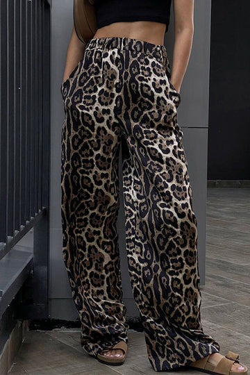 Renebeth - leopard print loose high waist wide leg bottoms