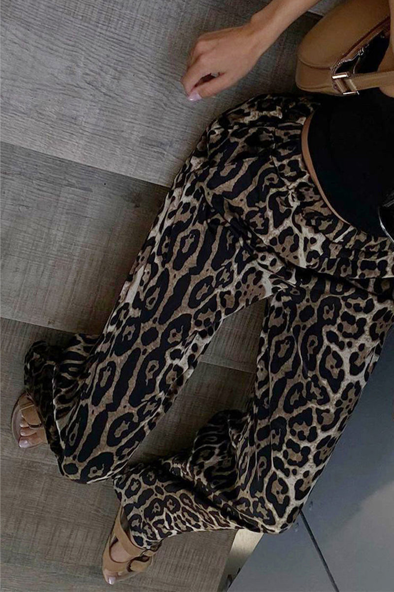 Renebeth - leopard print loose high waist wide leg bottoms