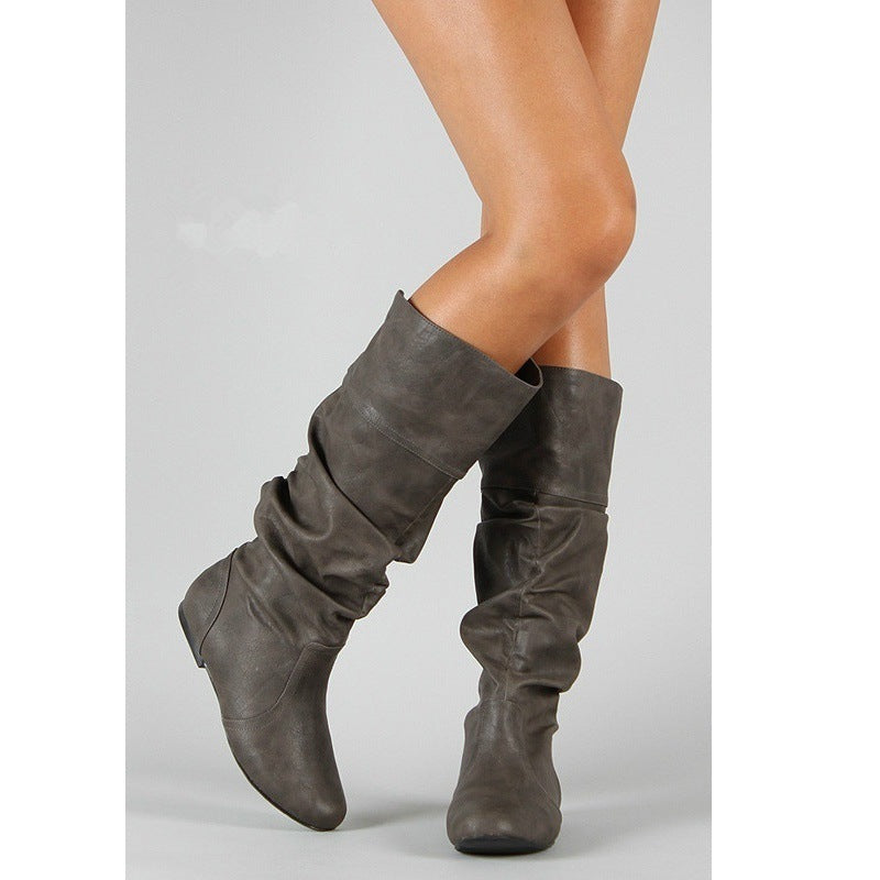 Slouchy Ruched Flat Heel Knee-High Boots