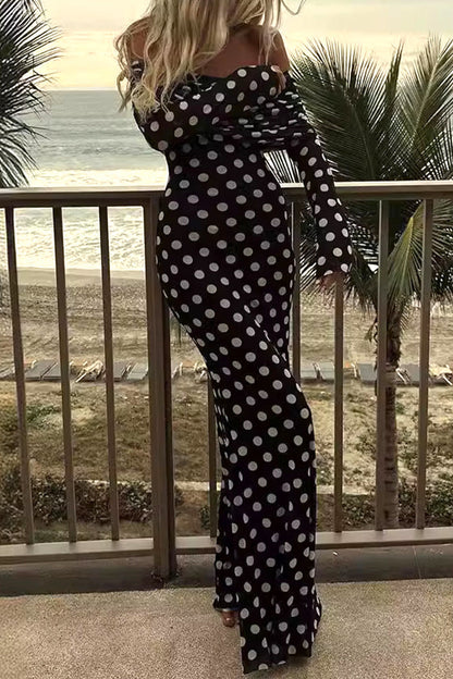 Women's Maxi Dress - Off Shoulder - Long Sleeve - Polka Dot - Elegant Bodycon Fit