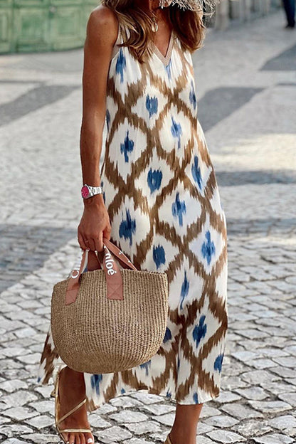 Women's Maxi Dress - Sleeveless V-Neck - Bohemian Geometric Print - Flowy Casual Wear