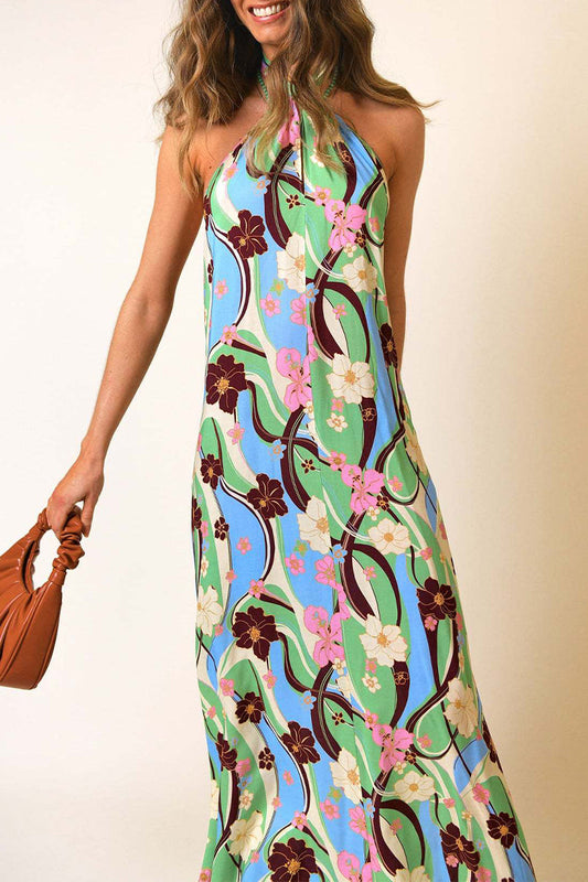Floral Print Flowing Halter Maxi Dress