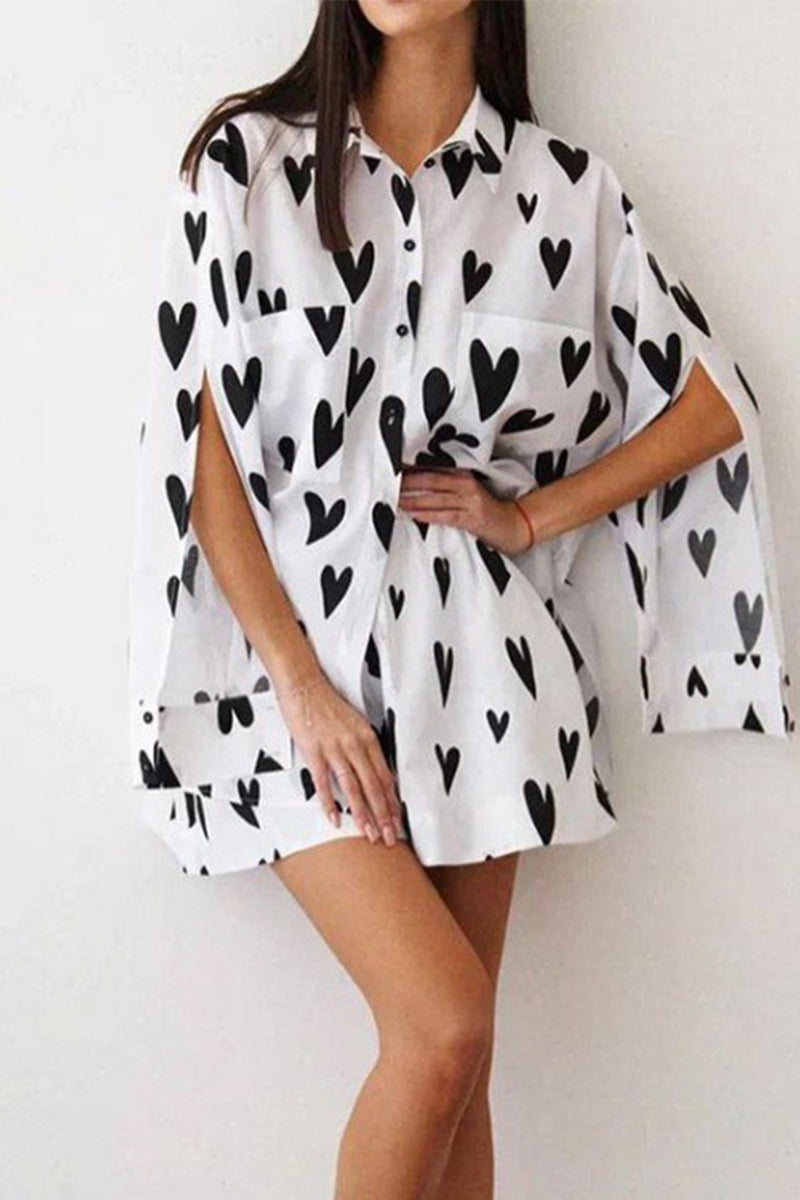 Hiwahiwa - heart print slit sleeve top and short set