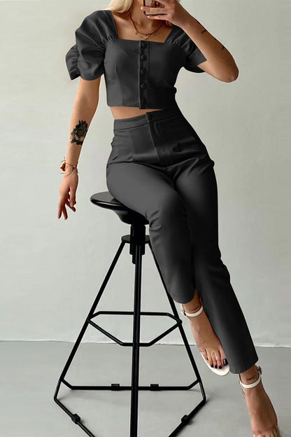 Goka - casual british style solid buttons fold square collar short sleeve two pieces