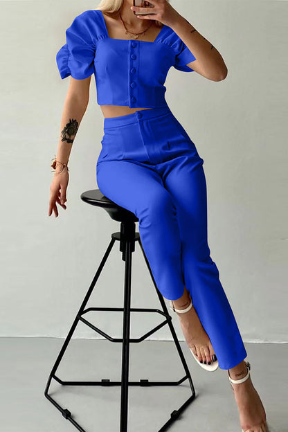 Goka - casual british style solid buttons fold square collar short sleeve two pieces