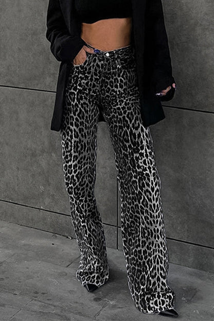 Leona - casual vintage leopard print high waist loose pants