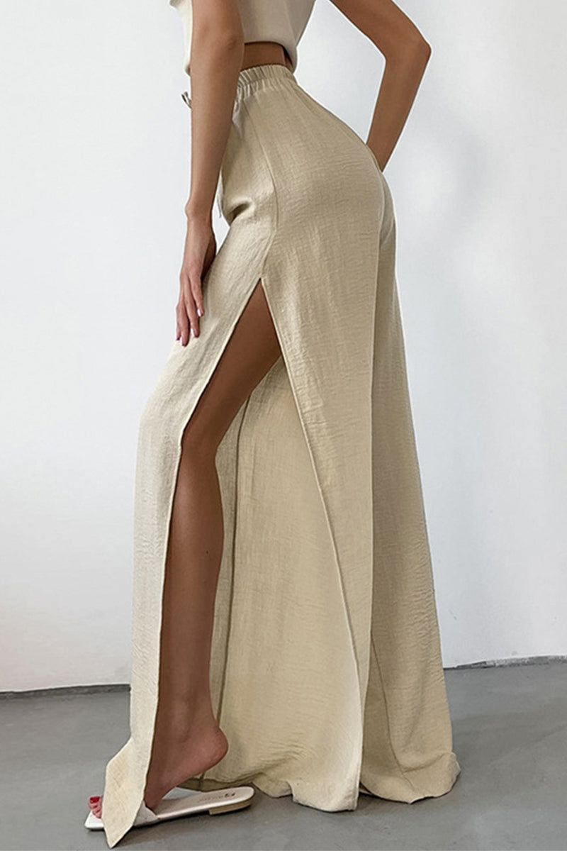 Kaiulani -  casual lace up slit loose high waist wide leg pants