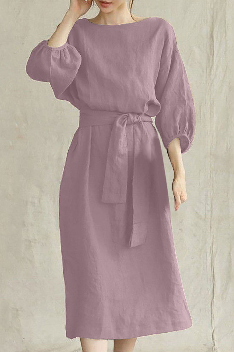 Women's A-Line Dress – Knee-Length – 3/4 Sleeve – Belted Waist – Lightweight Fabric