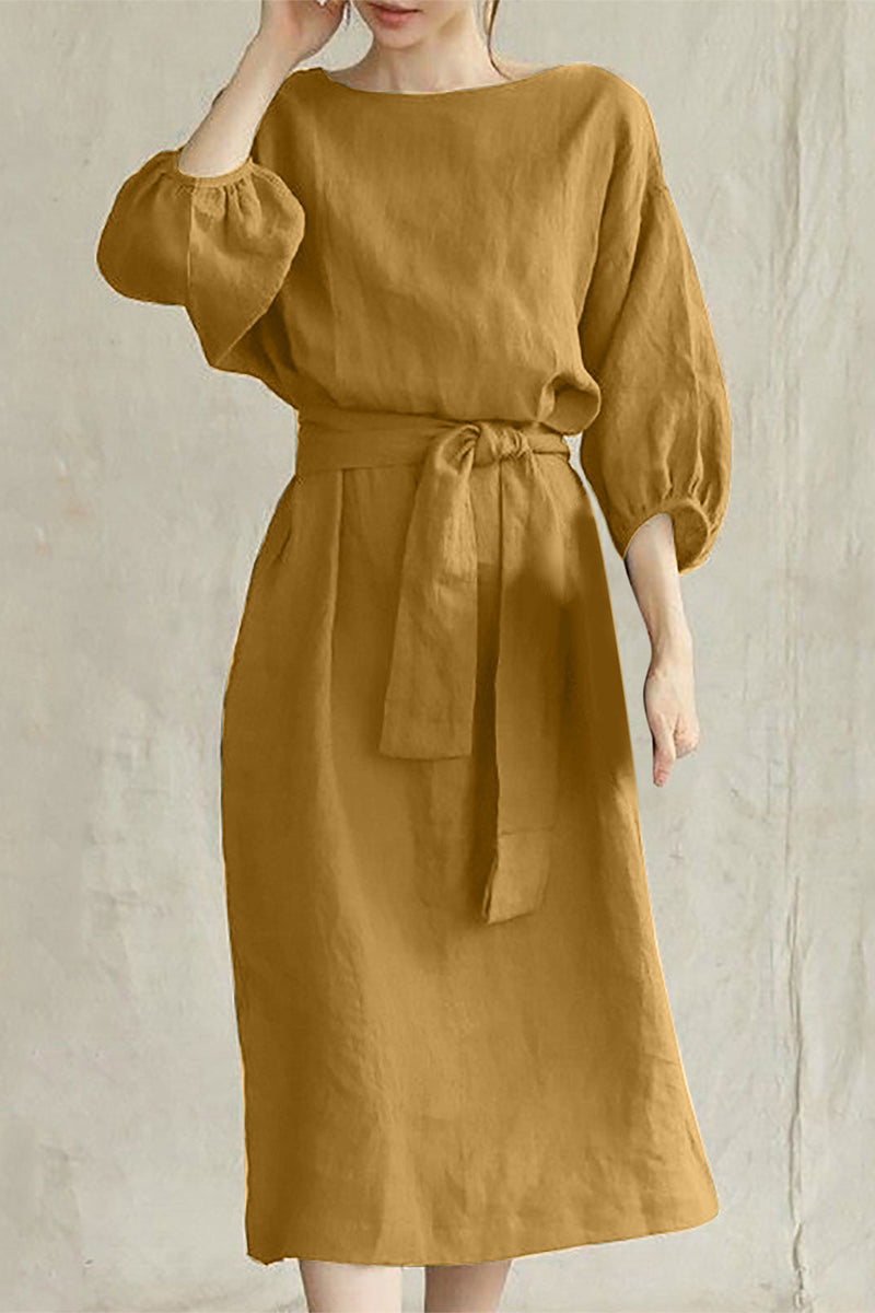 Women's A-Line Dress – Knee-Length – 3/4 Sleeve – Belted Waist – Lightweight Fabric