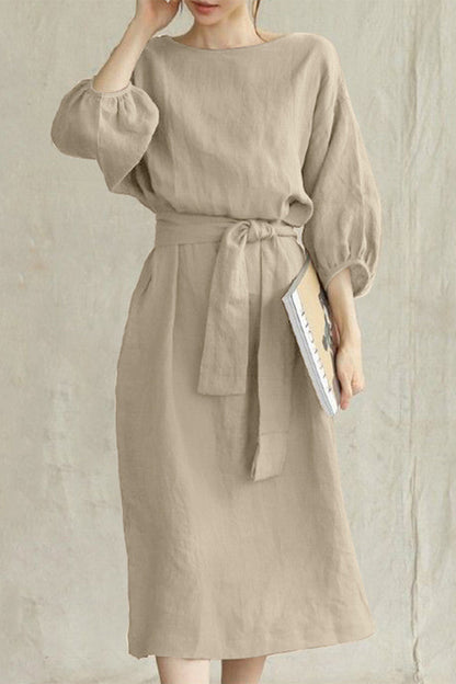 Women's A-Line Dress – Knee-Length – 3/4 Sleeve – Belted Waist – Lightweight Fabric
