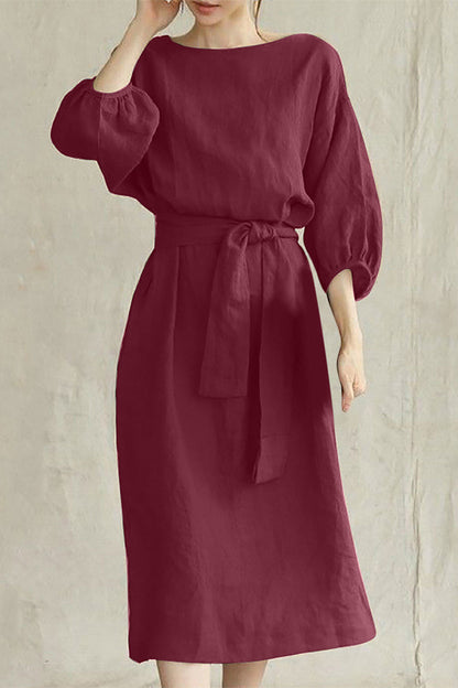 Women's A-Line Dress – Knee-Length – 3/4 Sleeve – Belted Waist – Lightweight Fabric