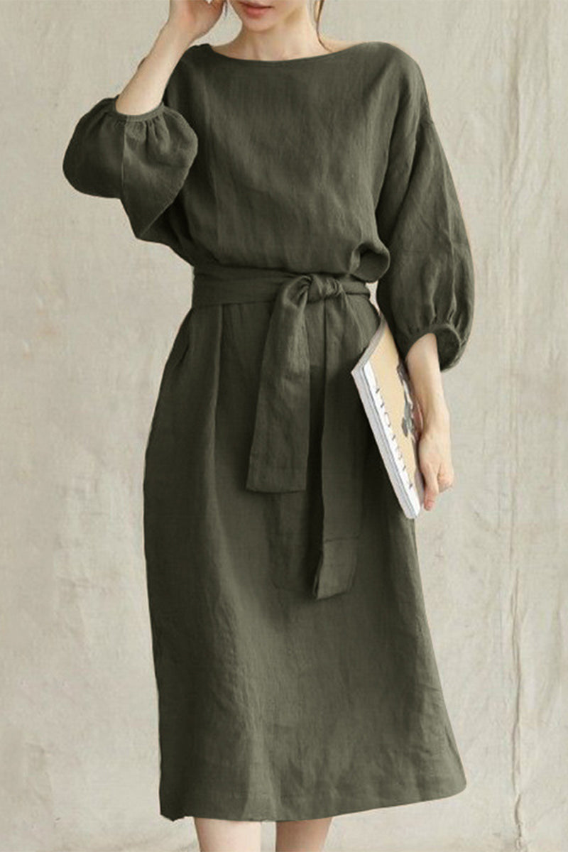 Women's A-Line Dress – Knee-Length – 3/4 Sleeve – Belted Waist – Lightweight Fabric