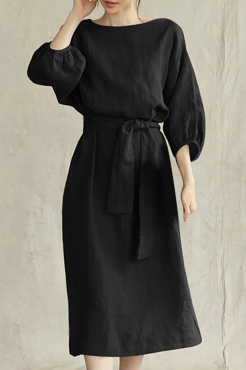 Women's A-Line Dress – Knee-Length – 3/4 Sleeve – Belted Waist – Lightweight Fabric