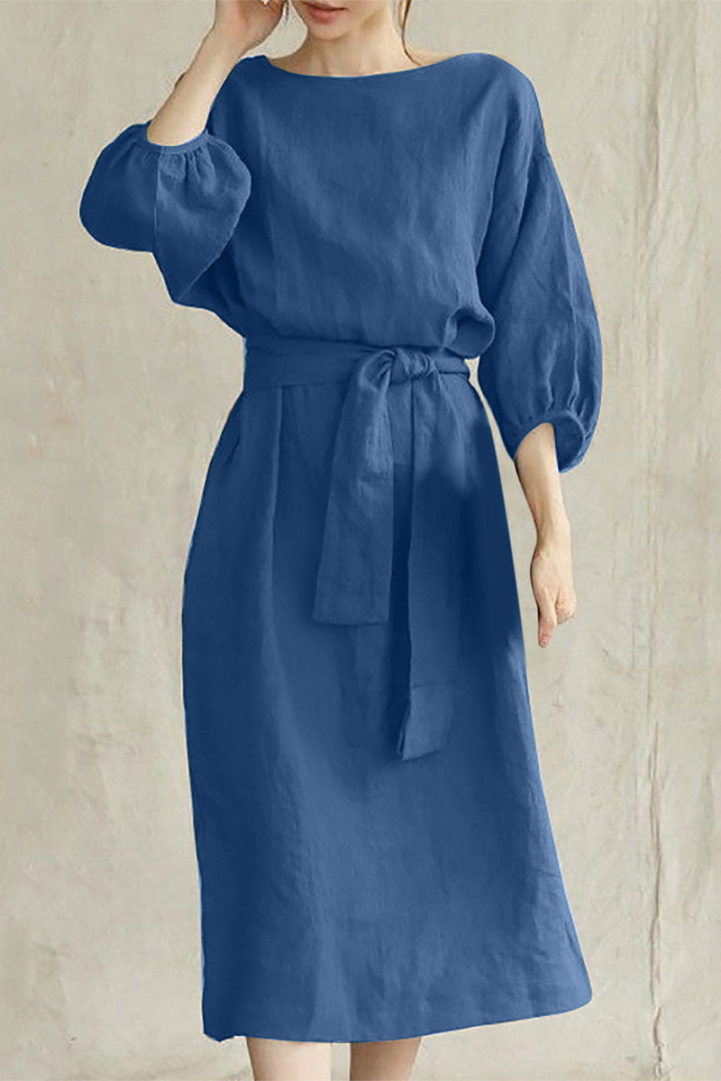 Women's A-Line Dress – Knee-Length – 3/4 Sleeve – Belted Waist – Lightweight Fabric