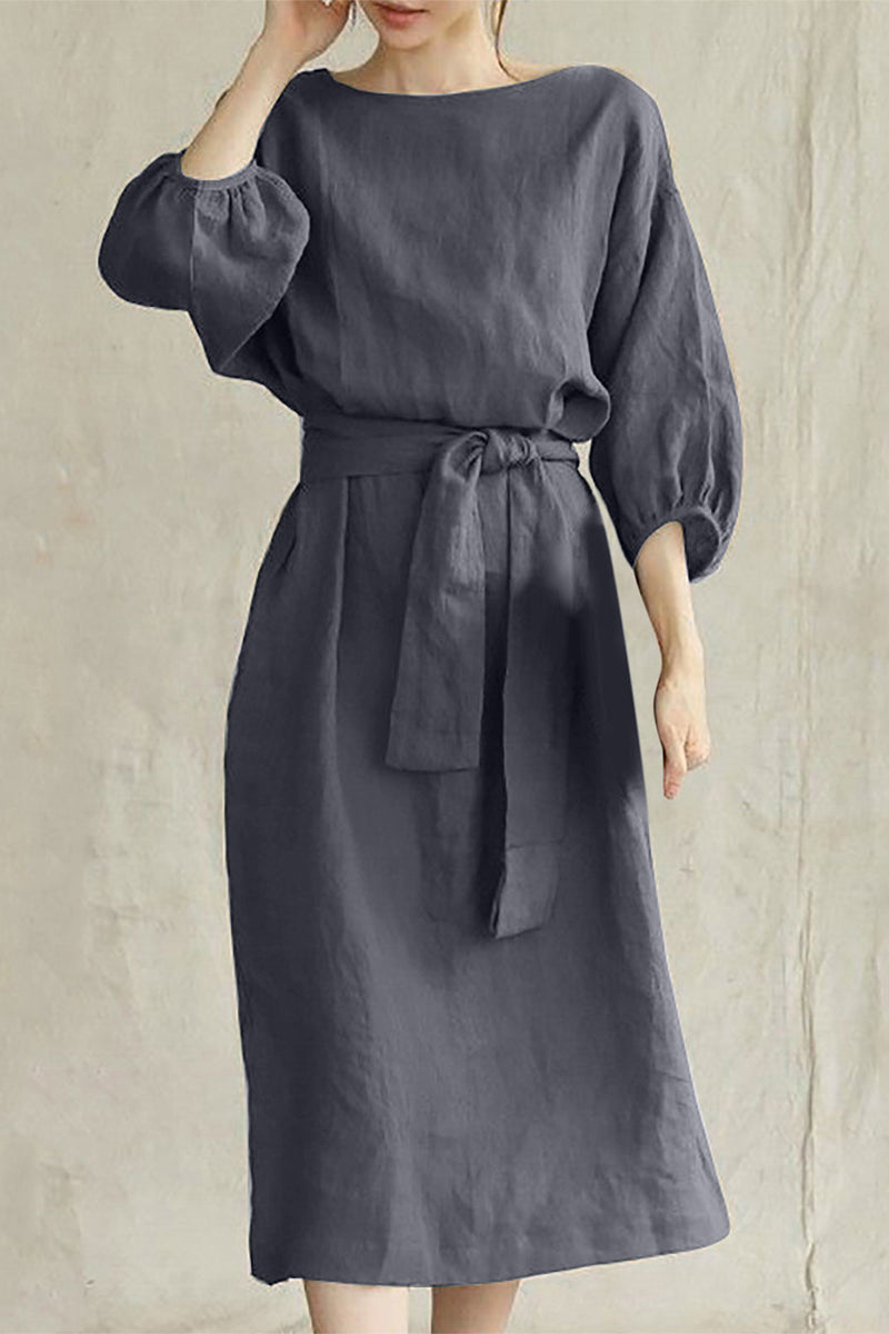 Women's A-Line Dress – Knee-Length – 3/4 Sleeve – Belted Waist – Lightweight Fabric
