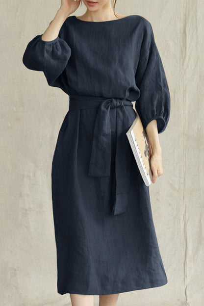 Women's A-Line Dress – Knee-Length – 3/4 Sleeve – Belted Waist – Lightweight Fabric