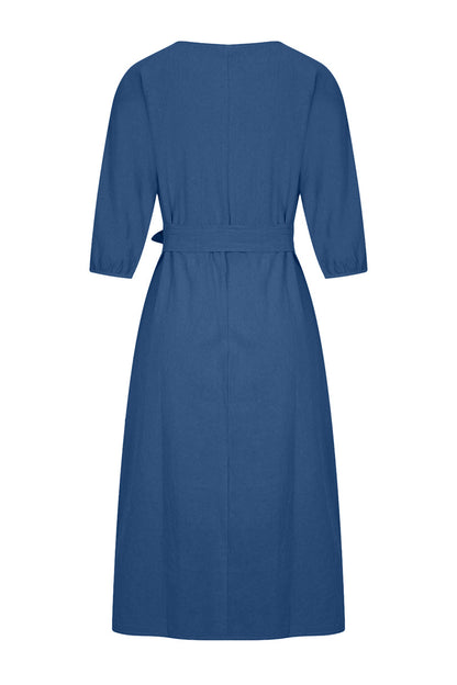 Women's A-Line Dress – Knee-Length – 3/4 Sleeve – Belted Waist – Lightweight Fabric