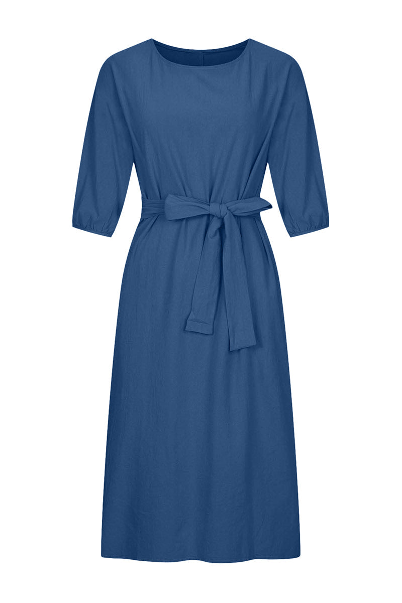 Women's A-Line Dress – Knee-Length – 3/4 Sleeve – Belted Waist – Lightweight Fabric