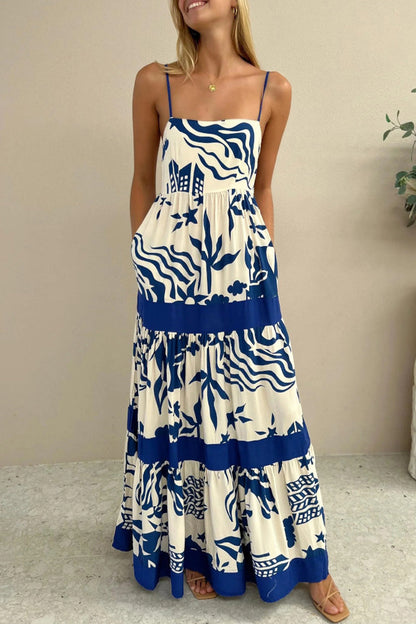 Women's Maxi Dress - Spaghetti Strap - Empire Waist - Tropical Print Flowy Beachwear
