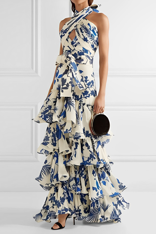 Floral Print Halter Neck Evening Gown