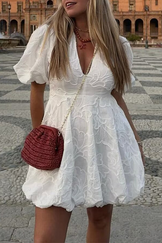 Textured Floral Puff Sleeve Mini Dress