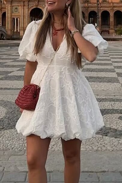 Women's Mini Dress - Textured Floral Pattern - Puff Sleeve V-Neck - Bubble Hem