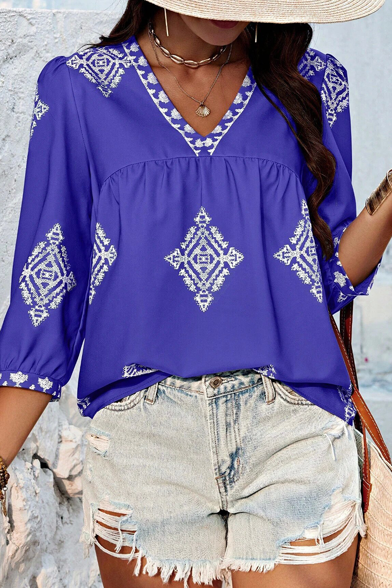 Kailani - casual geometric print lantern sleeve v neck top