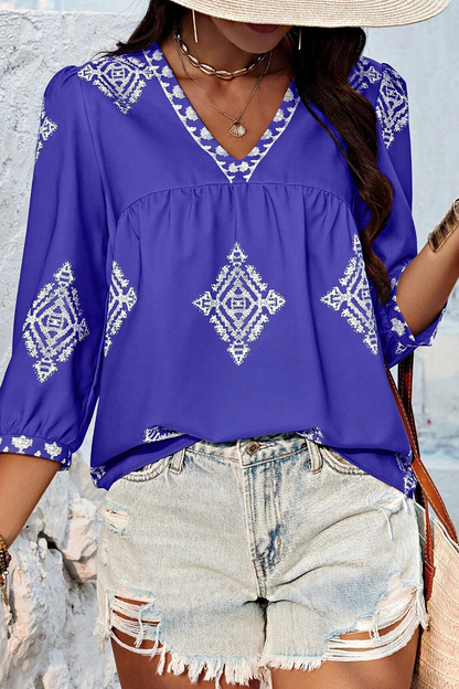 Kailani - casual geometric print lantern sleeve v neck top