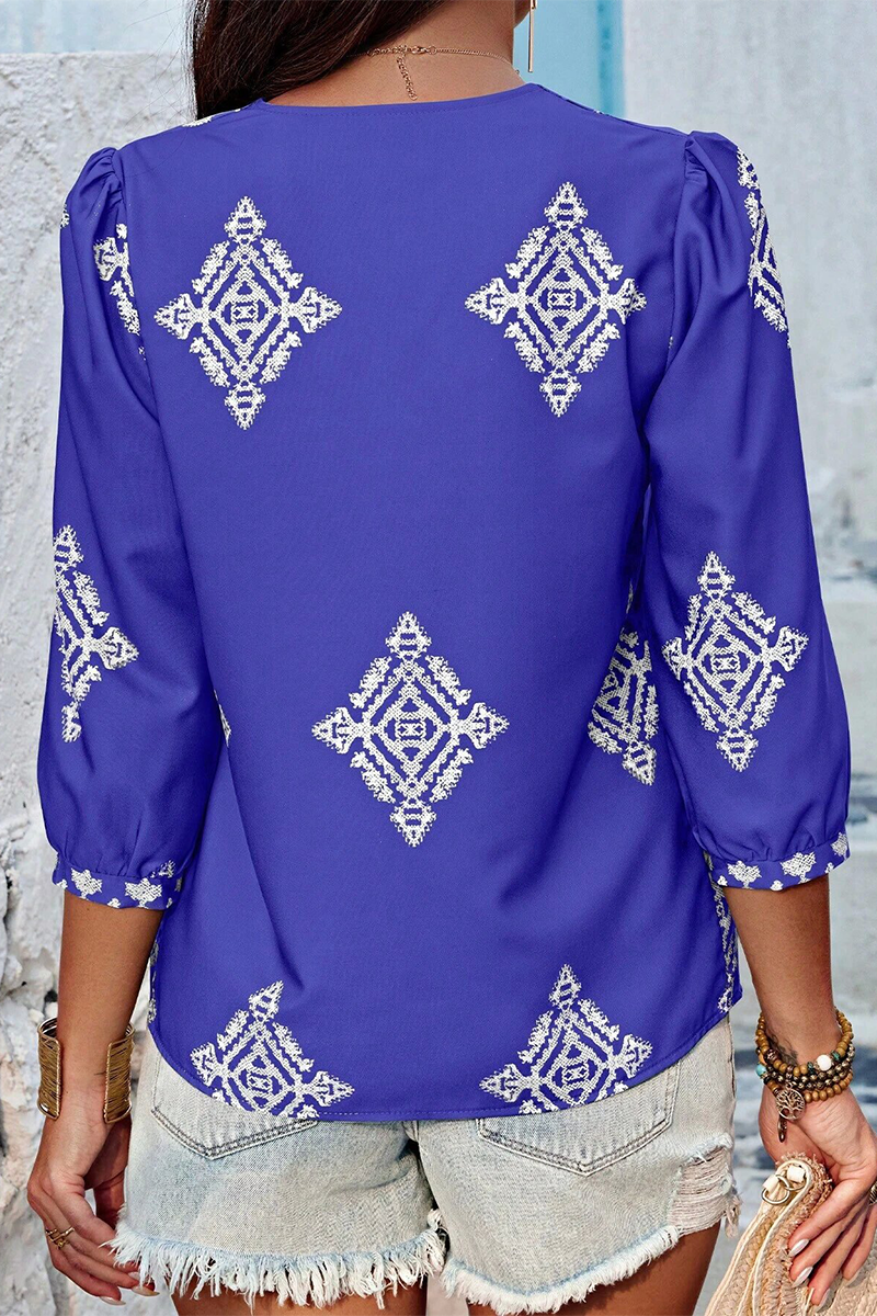 Kailani - casual geometric print lantern sleeve v neck top