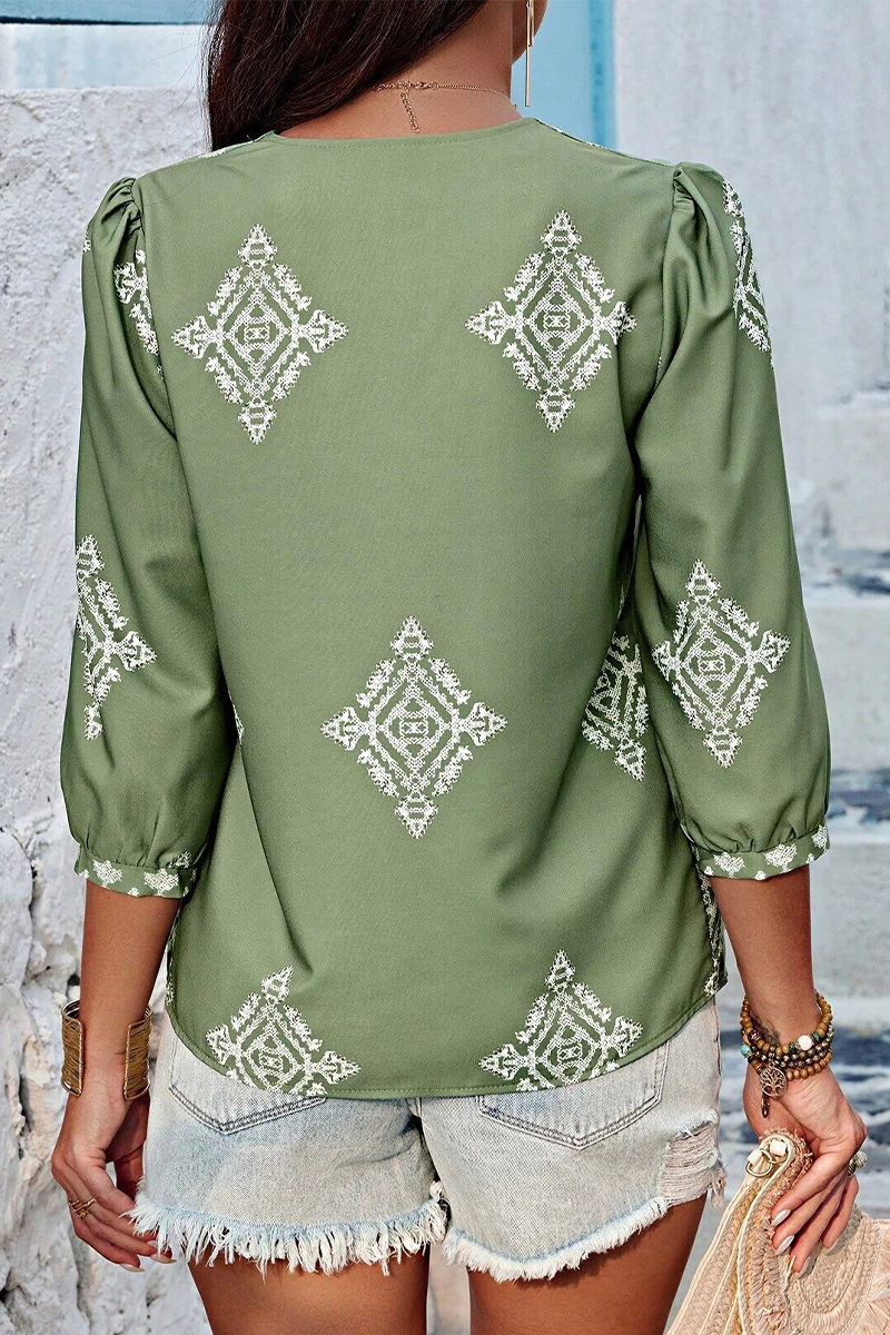 Kailani - casual geometric print lantern sleeve v neck top
