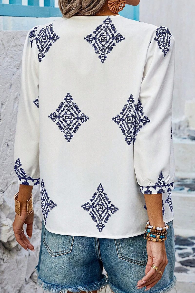 Kailani - casual geometric print lantern sleeve v neck top