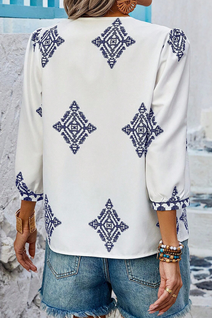 Kailani - casual geometric print lantern sleeve v neck top
