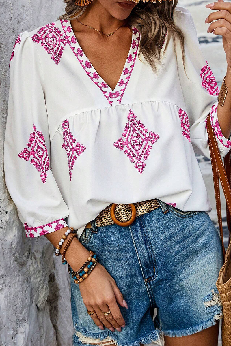 Kailani - casual geometric print lantern sleeve v neck top