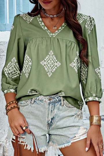 Kailani - casual geometric print lantern sleeve v neck top