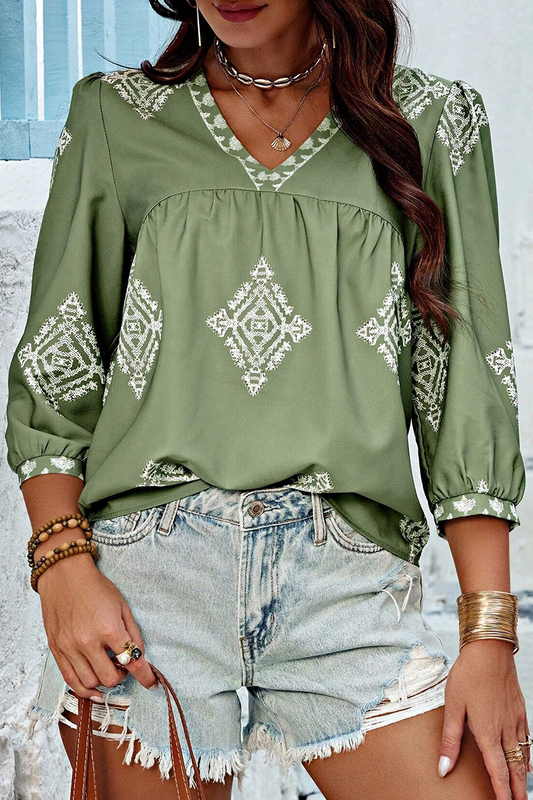 Geometric Print Lantern Sleeve V-Neck Top
