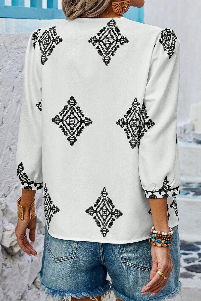 Kailani - casual geometric print lantern sleeve v neck top