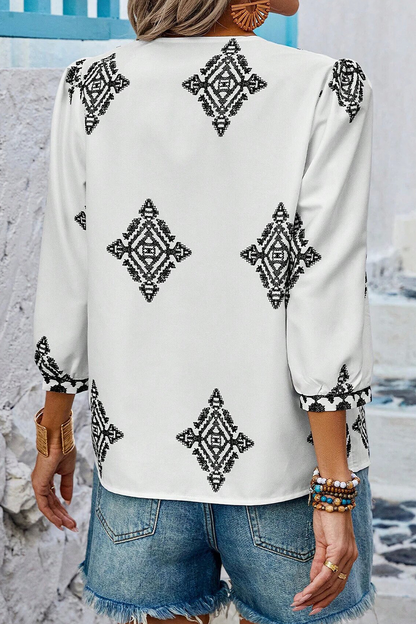 Kailani - casual geometric print lantern sleeve v neck top